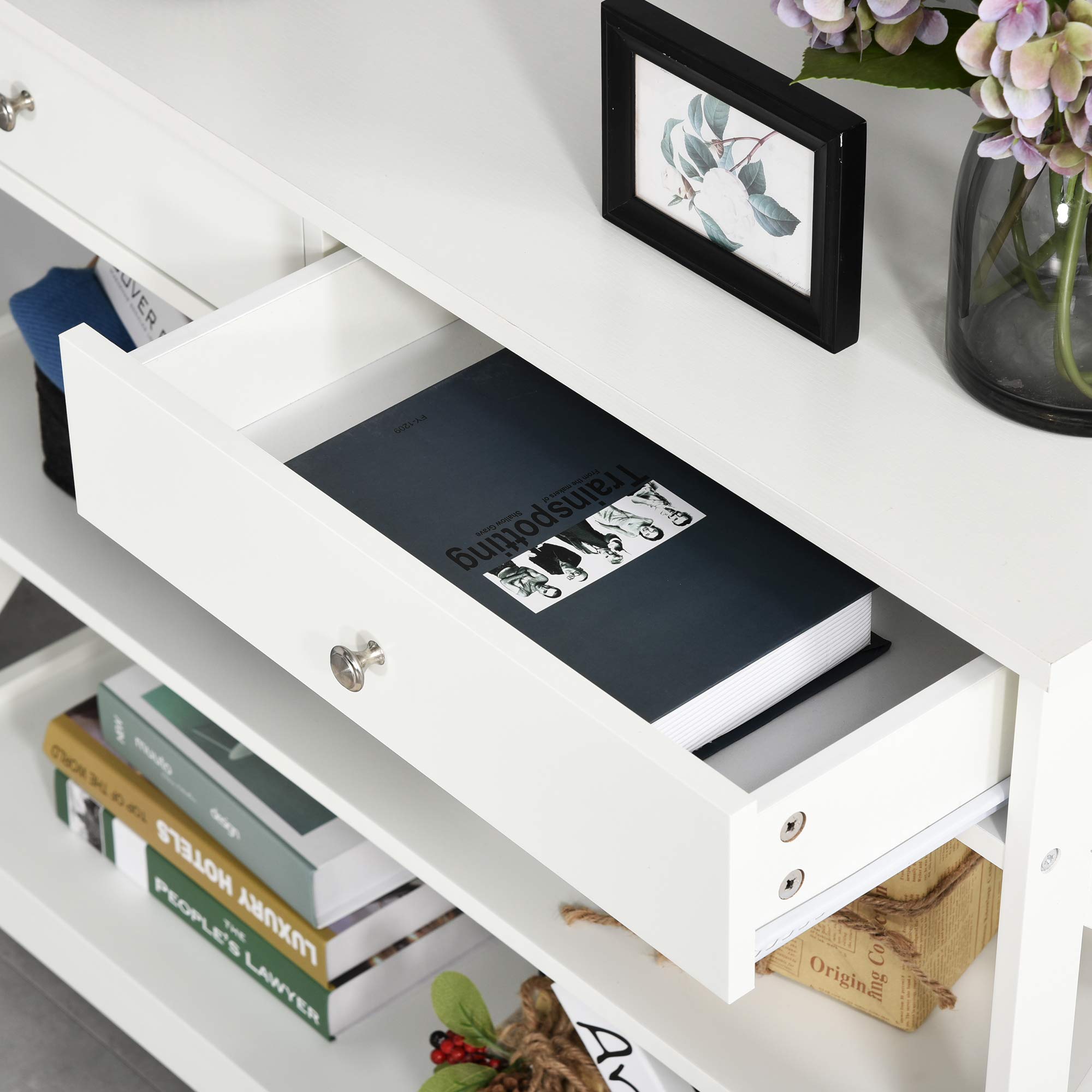 homcom Tavolo Consolle con 2 Cassetti e 2 Mensole, Mobile da Ingresso e Soggiorno in MDF, 100x30.5x80cm, Bianco