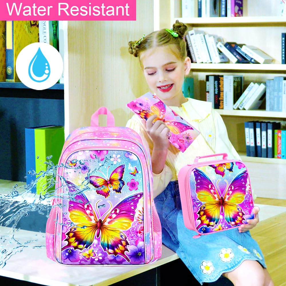 3PCS Butterfly Backpack for Girls, 16'' Kids Preschool Bookbag with Lunch Box, Cute Animal Water ResistantSchool Bag Set for Elementary Kindergarten Travel