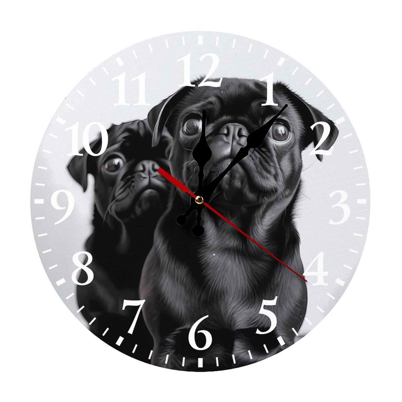 Horloge murale pour cuisine et salon au design carlin noir et blanc tendance
