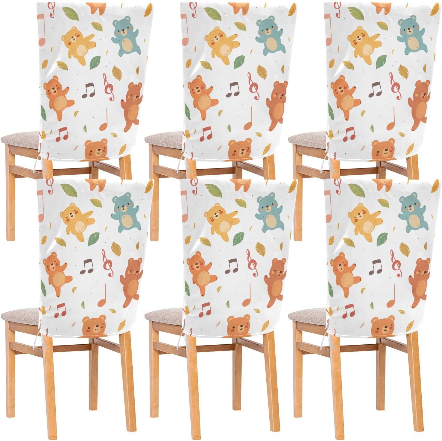 ALAZA Cute Bears Music Notes Chair Back Cover Set of 6, Washable Reusable Removable Chair Slipcovers Decorative Chair Cover for Home Kitchen Wedding Party