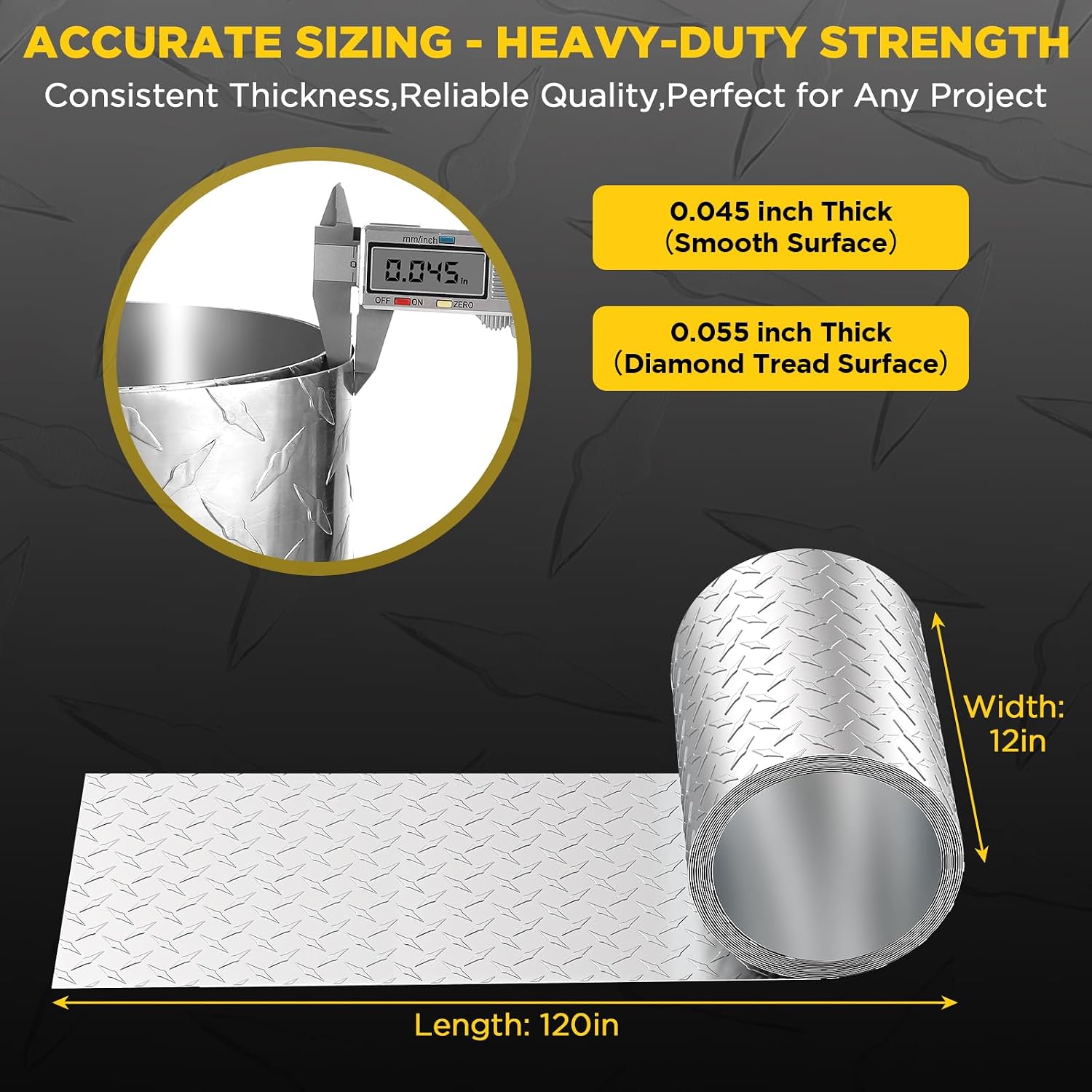 Aluminum Diamond Plate Sheet Metal, Mill Finish Diamond Sheet, Tread Texture Metal Panel Easy to Cut/Drill — for Commercial & Residential Use, Truck Beds, Trailers, Garage Walls & Cabinets, 120" × 12"