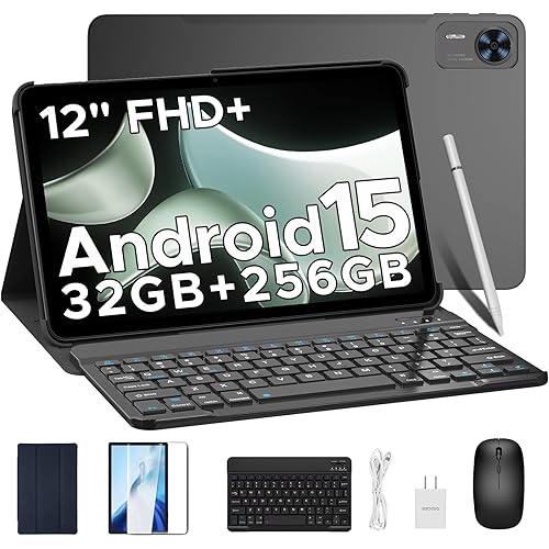 DOOGEE T36 12 inch Tablet with Keyboard, 32GB+256GB/2TB Expand Octa-Core Gaming Tablets,8800mAh,FHD+ Touchscreen with sim Card Slot,Android 15 Tablet,WiFi 5,Dual Camera,BT5.0,Widevine L1,Black