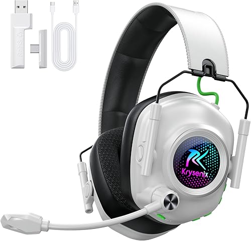 Krysenix 2.4 GHz Wireless Gaming Headset for PC, PS5, PS4, Switch, Mac, Bluetooth 5.4 Gaming Headphones with Noise Canceling Microphone, Cool RGB Lighting, 50Hr Battery, Foldable, 50mm Drivers-White
