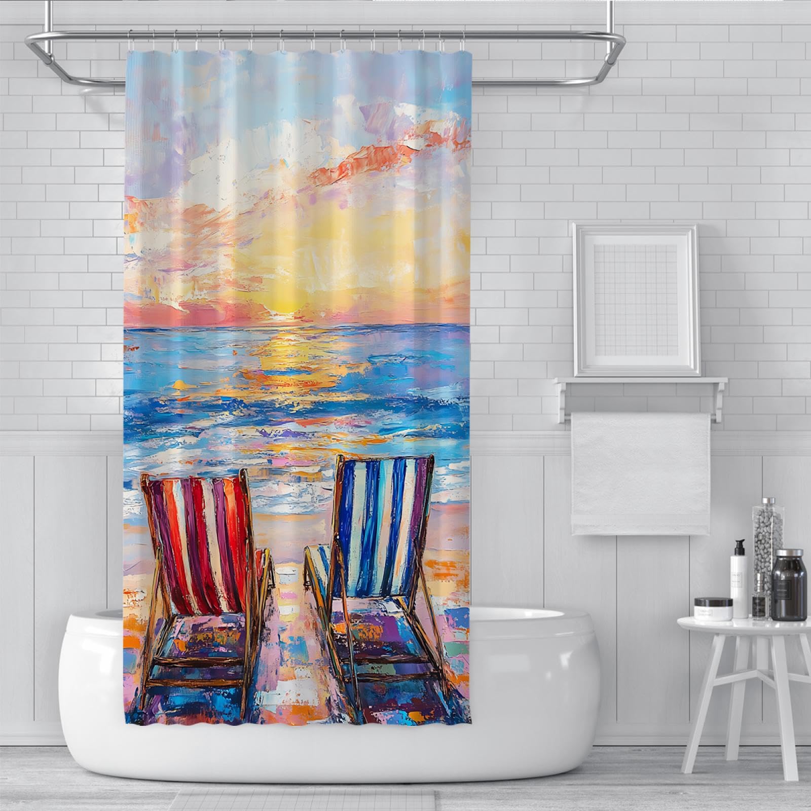 Peinture à l’Huile Style Rideau Douche Doublure Plage Chaise Longue Mer Baignoire Rideaux Accessoires Tissu imperméable Décor Salle Bain avec Crochets 200 x 240 cm
