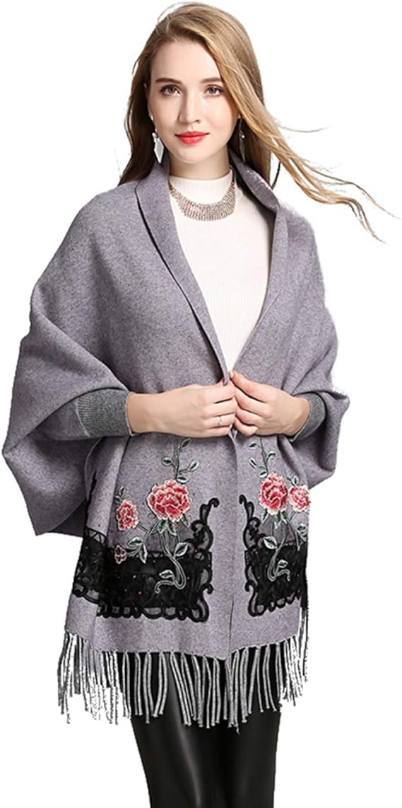 Amazon 花柄 パーティー ストール ショール フリンジ付き レディース 結婚式 フォーマル お呼ばれ 長袖 グレー 大きめ 大判 F レディース ファッション ボレロ カーディガン ショール ポンチョ風 ニット ゆったり 体型カバー 通学 通勤 カーディガン ボレロ 通販