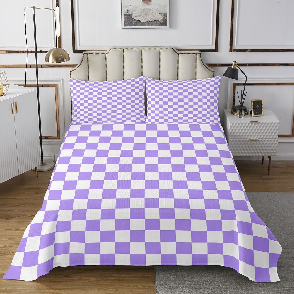 Liliowa kołdra w szachy, 2 szt., patchwork, liliowa, biała, pled, pikowana, nowoczesna, prosta geometryczna dekoracja, zestaw pościeli, rozmiar S