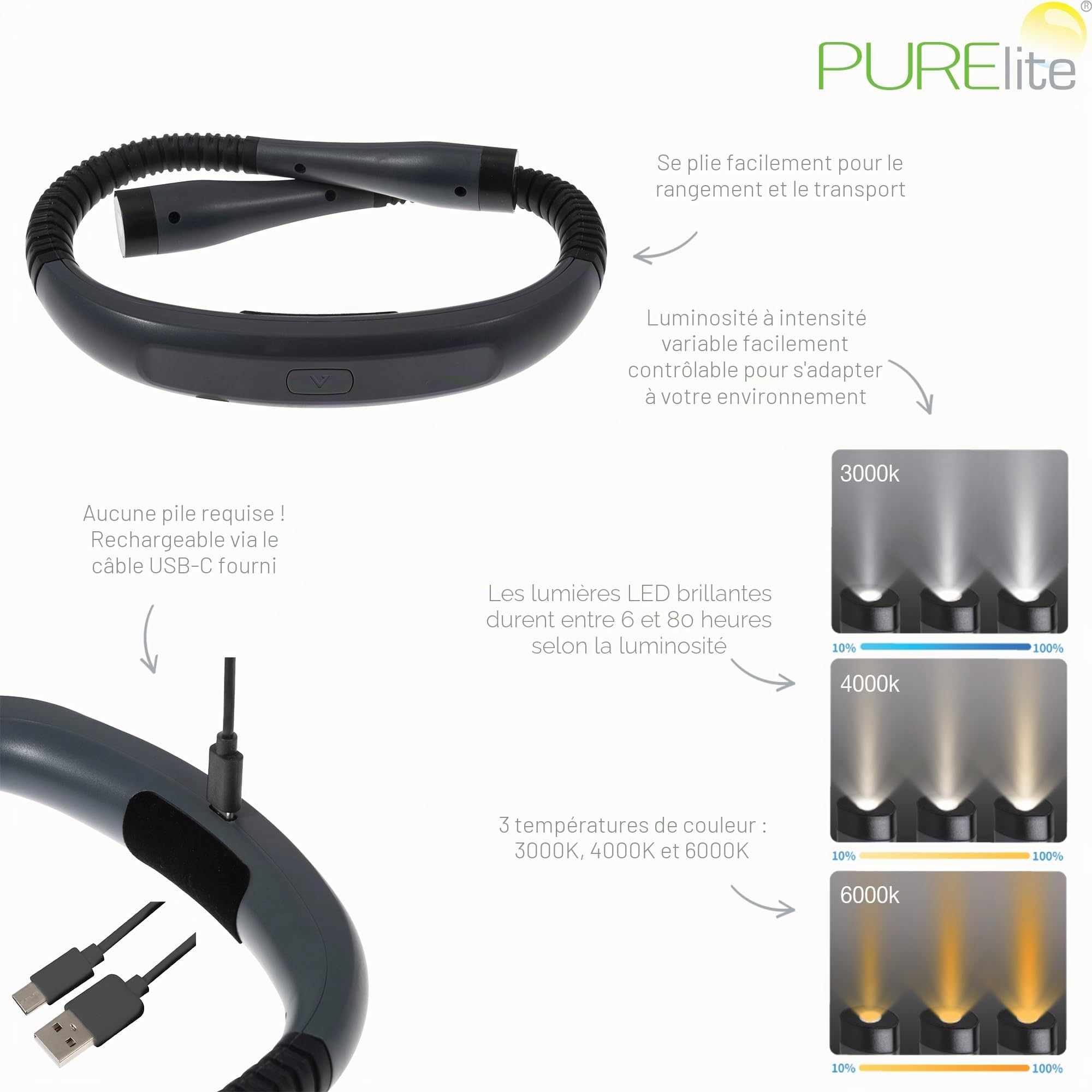 PURElite Lampe de Lecture de Cou Rechargeable au Lit, LED flexible, lampe de lecture mains libres réglable, ampoules à intensité variable 3 couleurs pour la lecture, la couture, l'artisanat – Noir