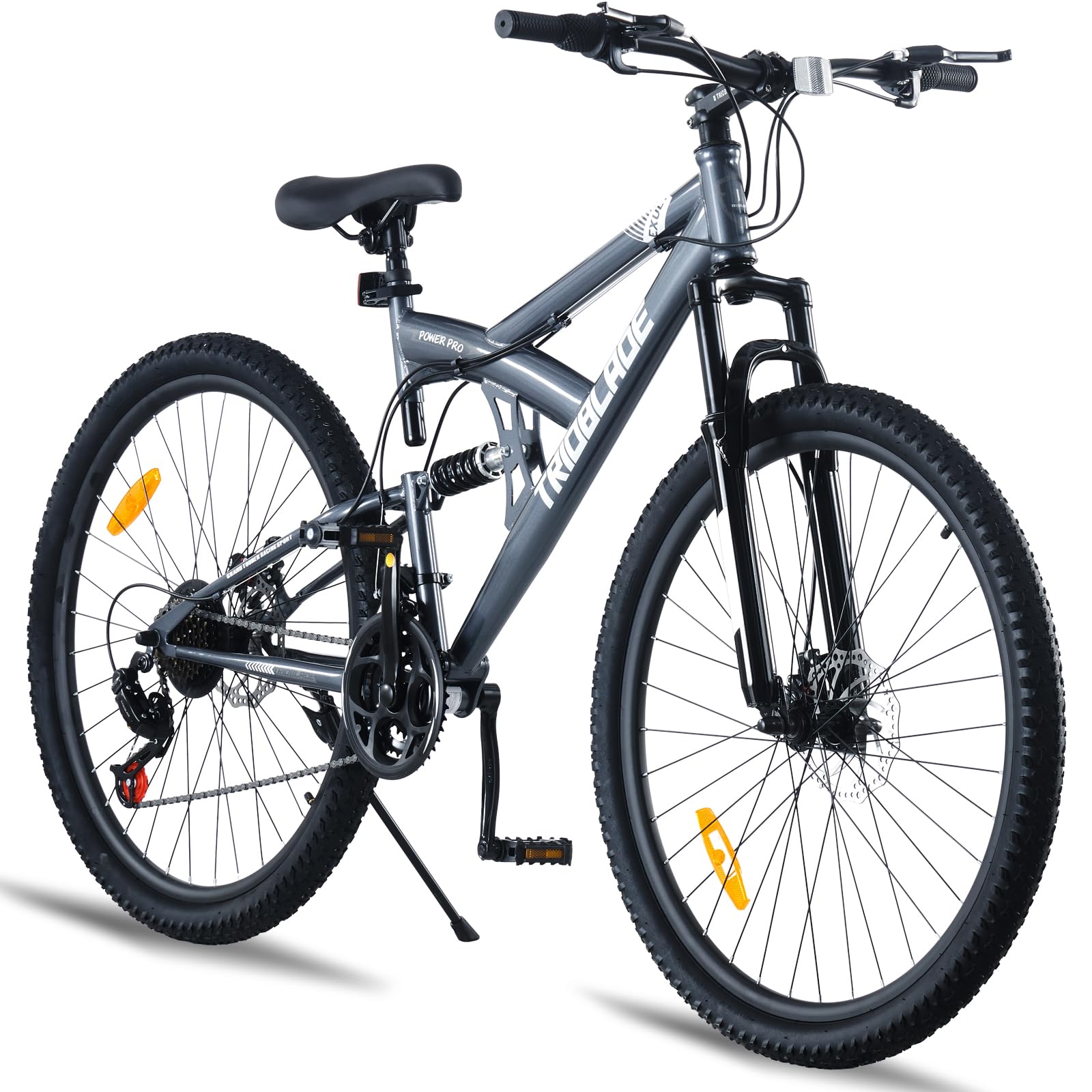LSBIKE 24/26/27.5 Inch Full Suspension Mountain Bike, 21 Speed Adult Mountain Bicycle with Front & Rear Disc Brake Men Women MTB Road City Bike w/Carbon Steel Frame Double Rim Wheel (Grey, 24inch)