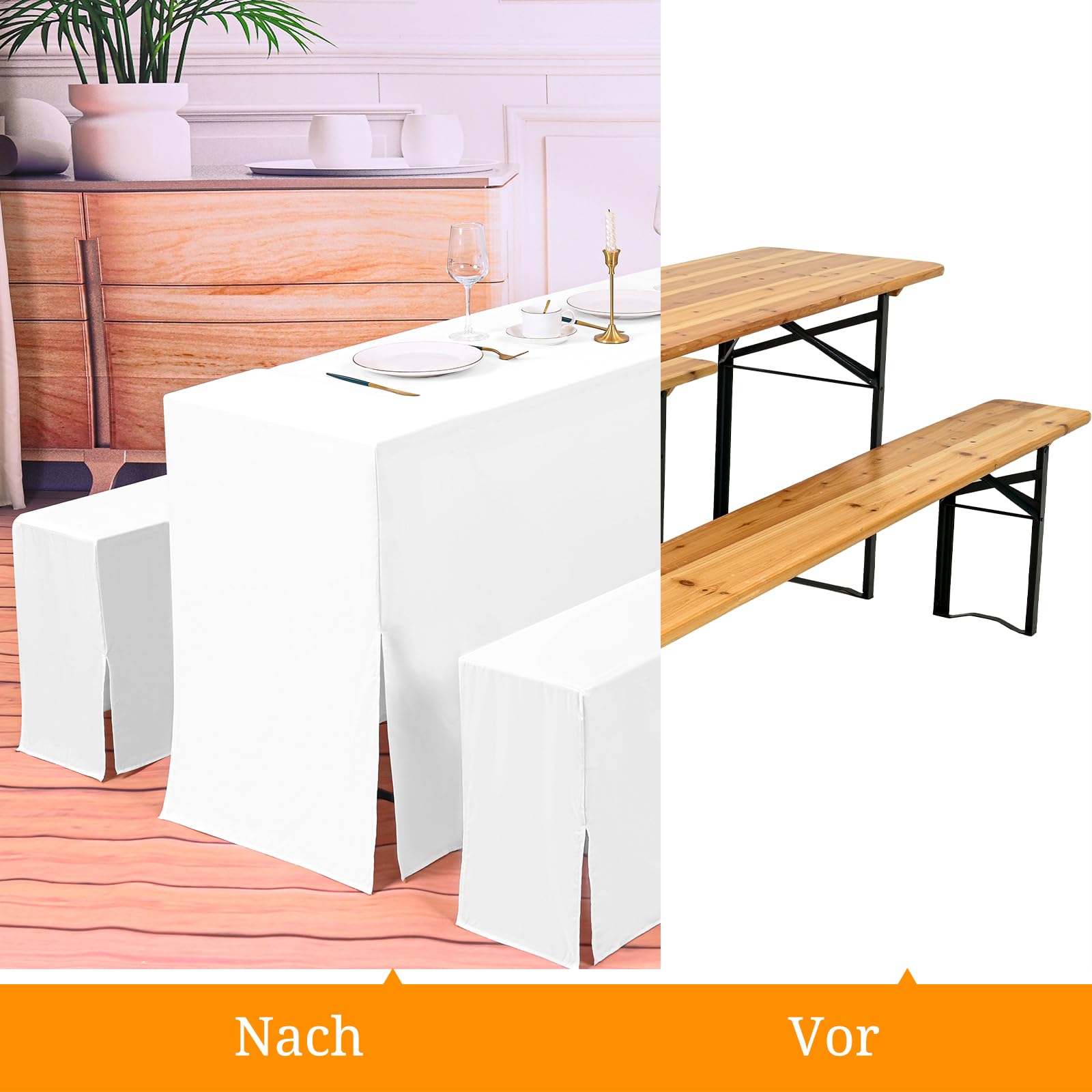 YMHPRIDE Zwei 3er-Set Bierbank & Biertisch Hussen – 3 TLG. Polyester Biertischhussen für Bierzeltgarnitur, Set für Bankette im Freien (Weiß)