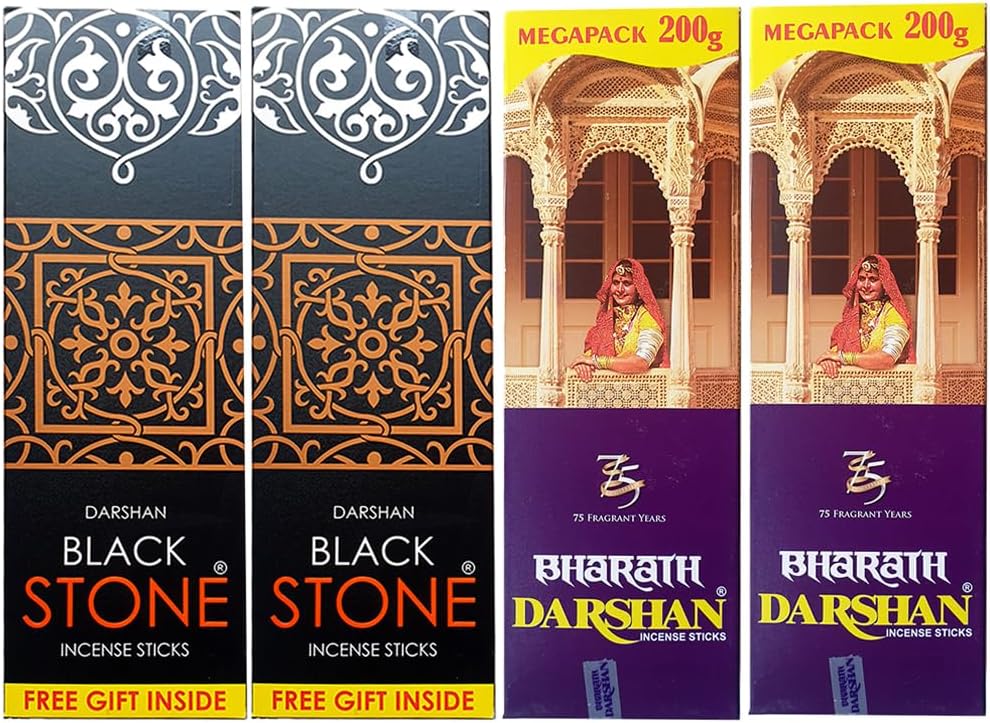 Darshan Incense - Black Stone Incense Sticks (Agarbatti) Box Pack of 2 (Each 180g) + Bharath Darshan Incense Sticks (Agarbatti) Box - Pack of 2 (Each 175 Grams)