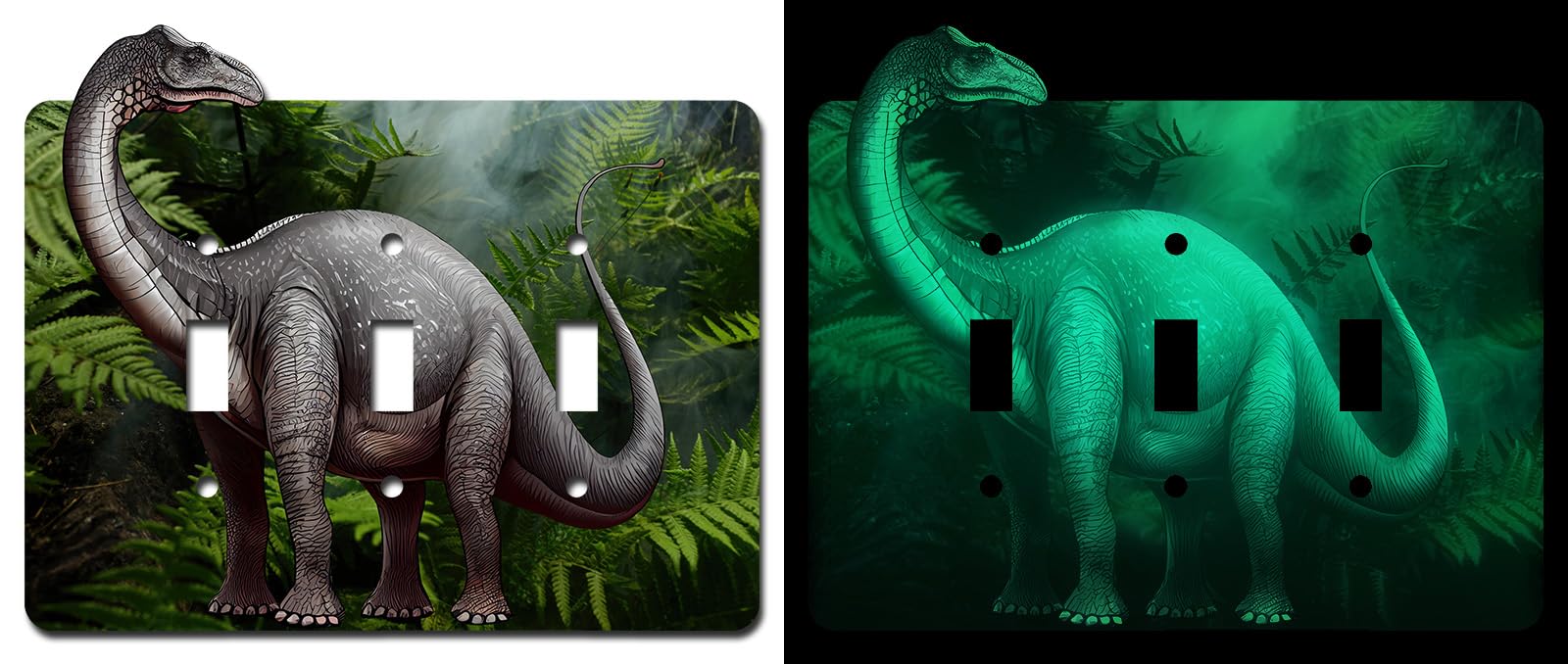 Apatosaurus Dinosaurio brilla en la oscuridad cubierta acrílica decorativa triple interruptor de luz placa de pared
