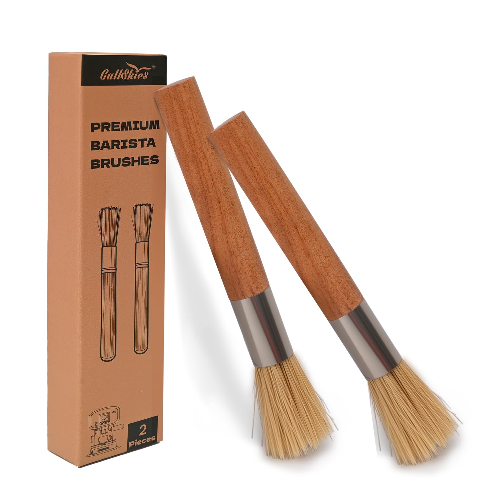 2 Coffee Brushes, Wooden Handle with Natural Bristles