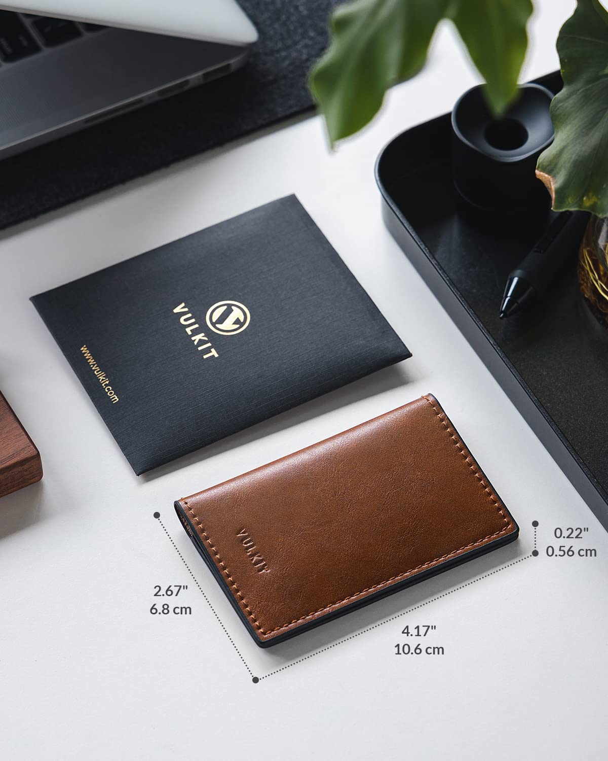 VULKIT Leather Business Card Holder 2 Sided Slim Business Name Card Organizer for Men or Women, Up to hold 20 cards(Vintage Brown)