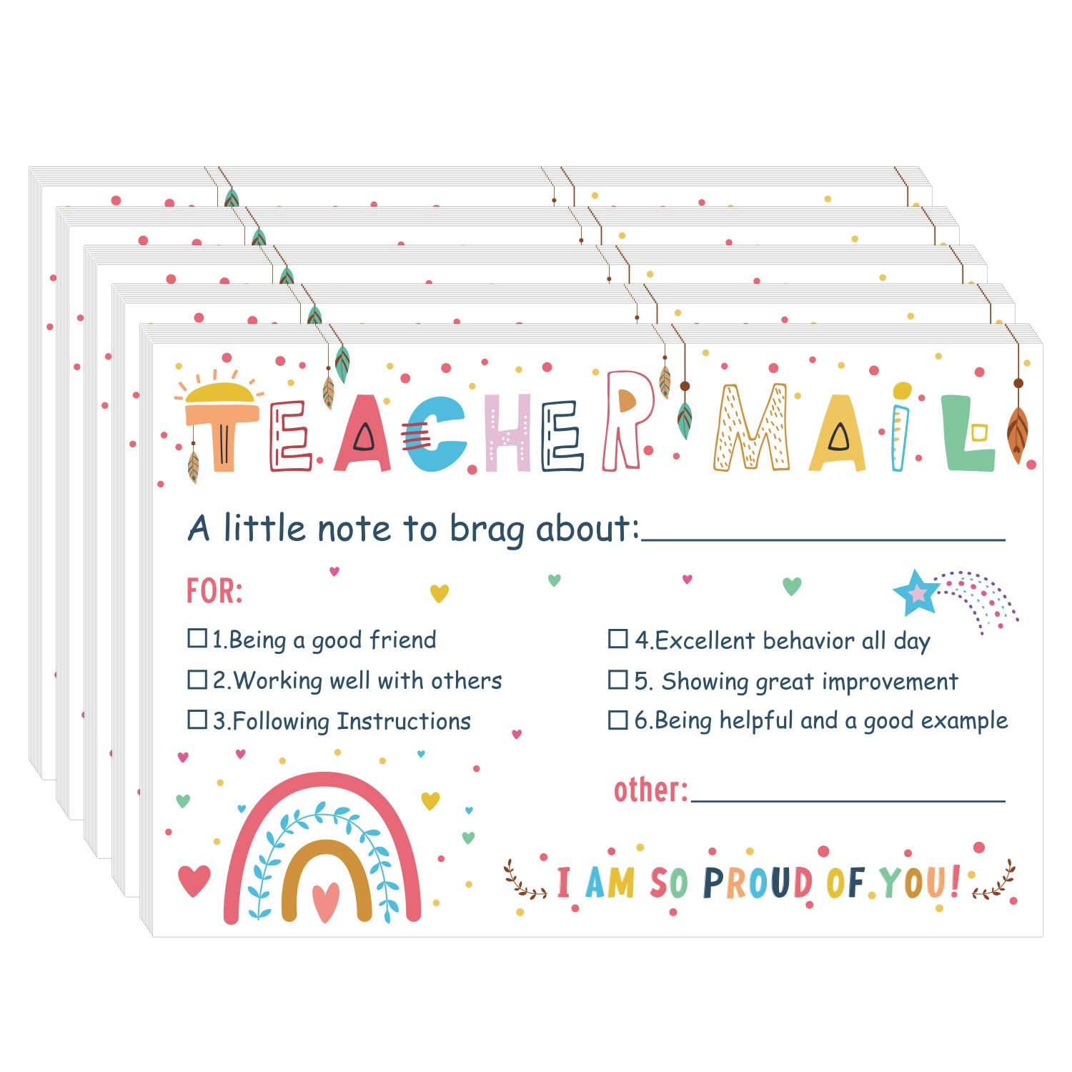 50pcs Teacher Mail Cards, 6x4 Inch Boho Teacher Mail Notes to Parents Bohemian Incentive Cards Happy Mail Postcards Motivational Cards for Students