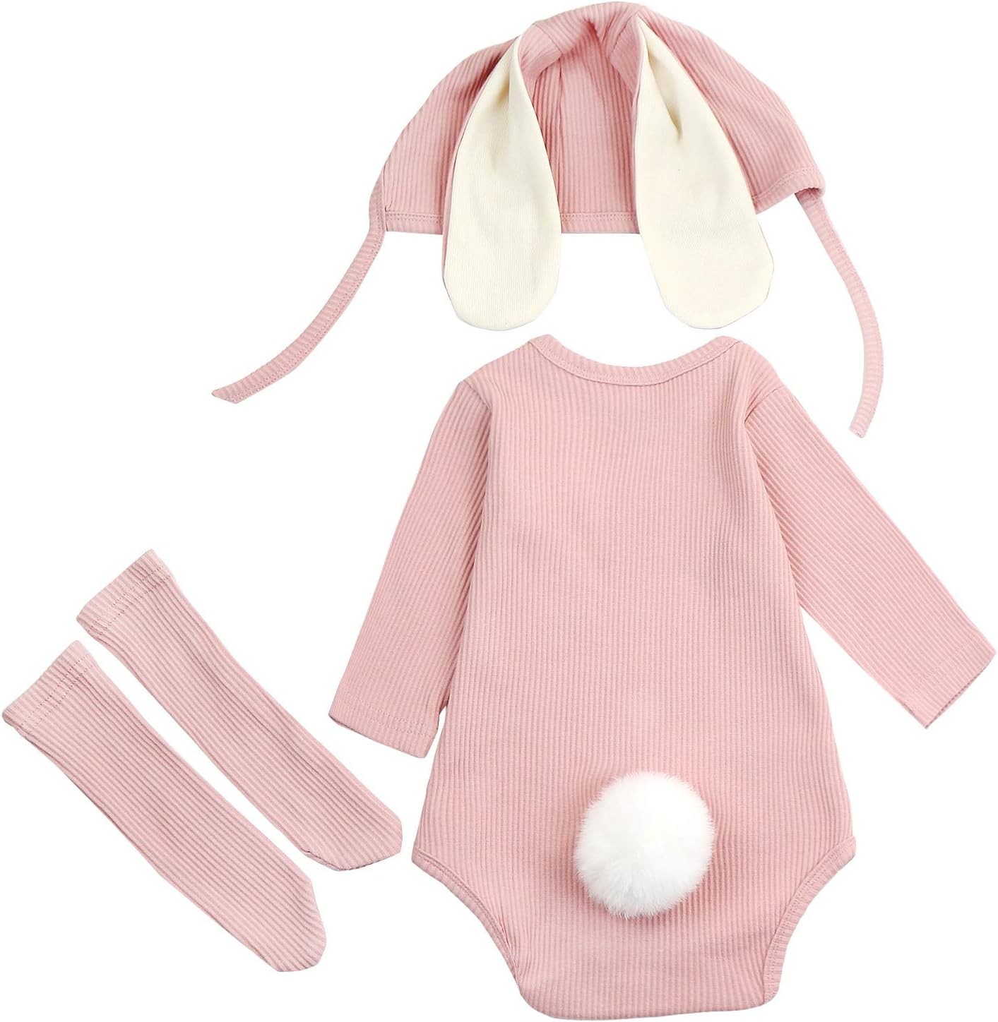 AGQT Baby Girls Easter Bunny Outfit Set Halloween Costume Rabbit Ear 3PCS Long Sleeve Animal Romper With Socks And Bunny Hat Pink Size 6-12 Months - Image 6