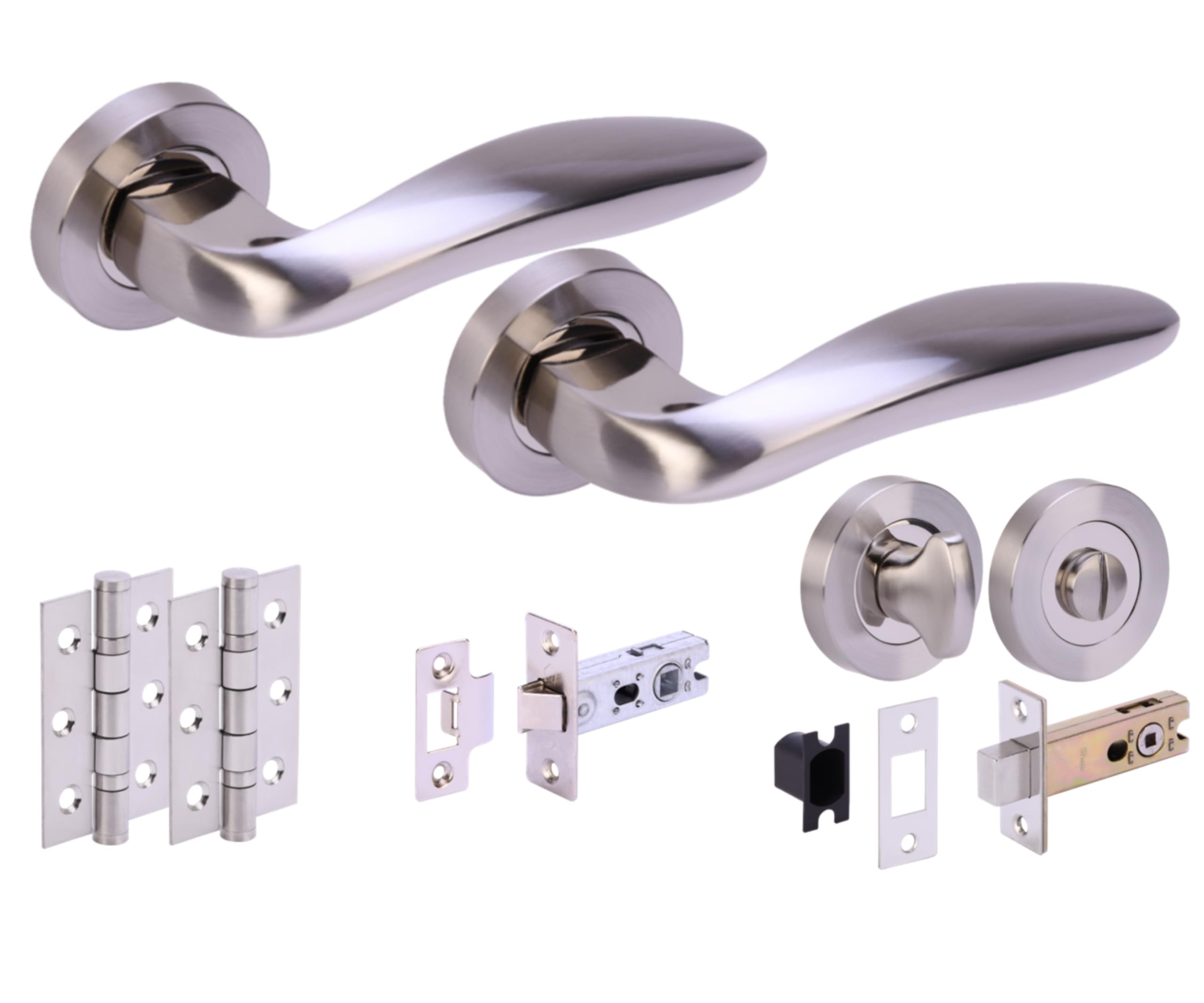 Hunta Polished Nickel / Satin Nickel Handlezone® Lagus Door Handles On Rose Bathroom Deadbolt Pack With 75Mm Ball Bearing Hinges, 76Mm Latch And Lock - Dual Polished/Satin Nickel
