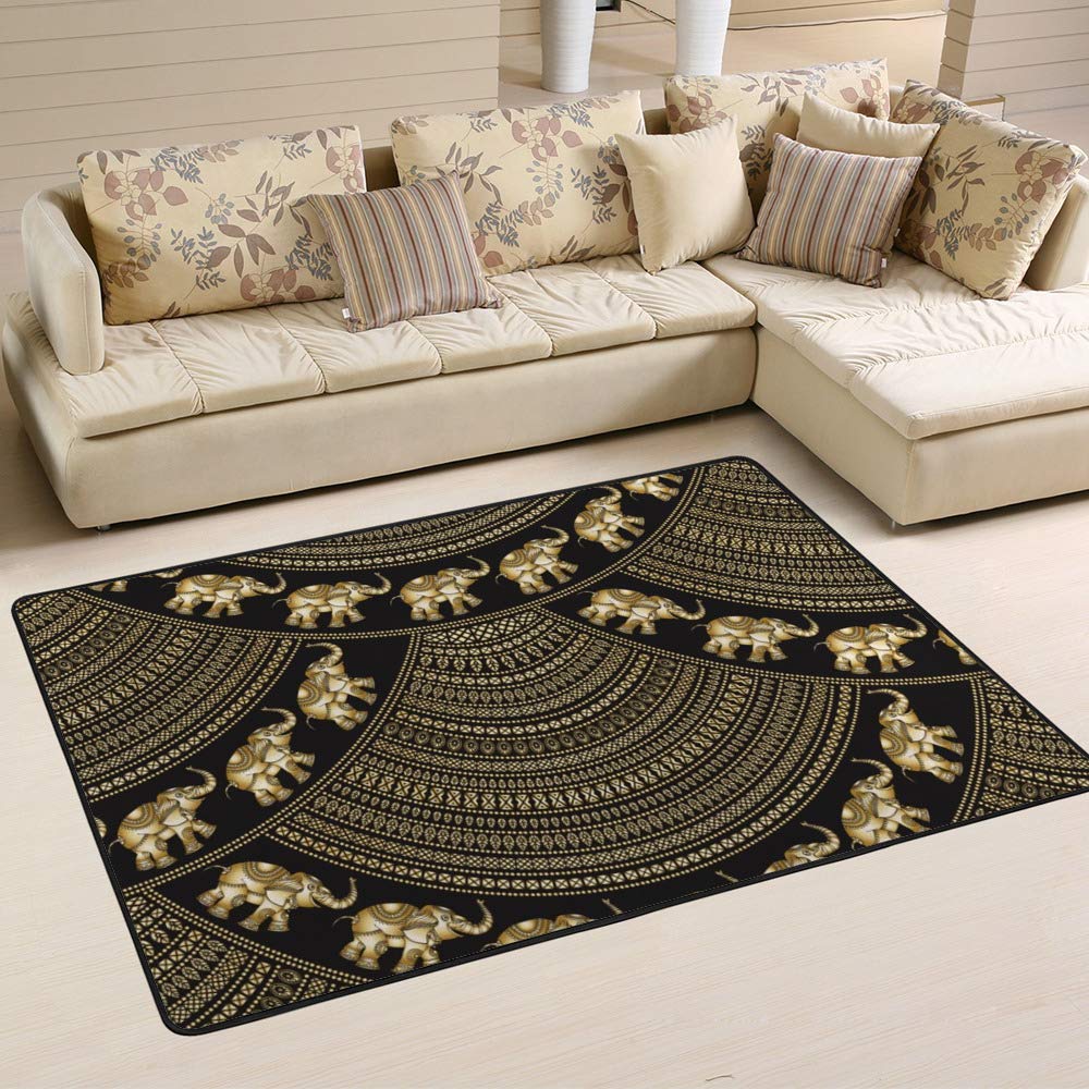 Tapis indien éléphant doré en éventail pour salon et chambre 160x120 cm