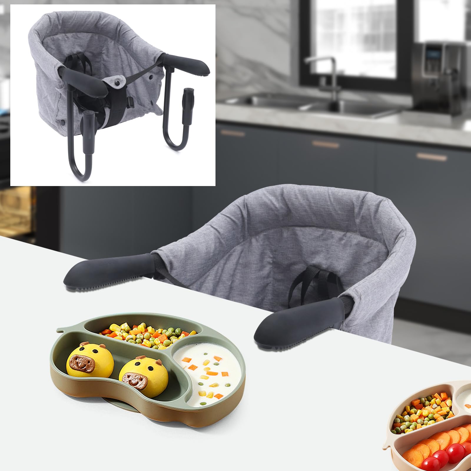 asiento mesa bebé suplemento plegable con pinzas antideslizantes y bolsillo, silla de seguridad para bebé cómodo (gris)