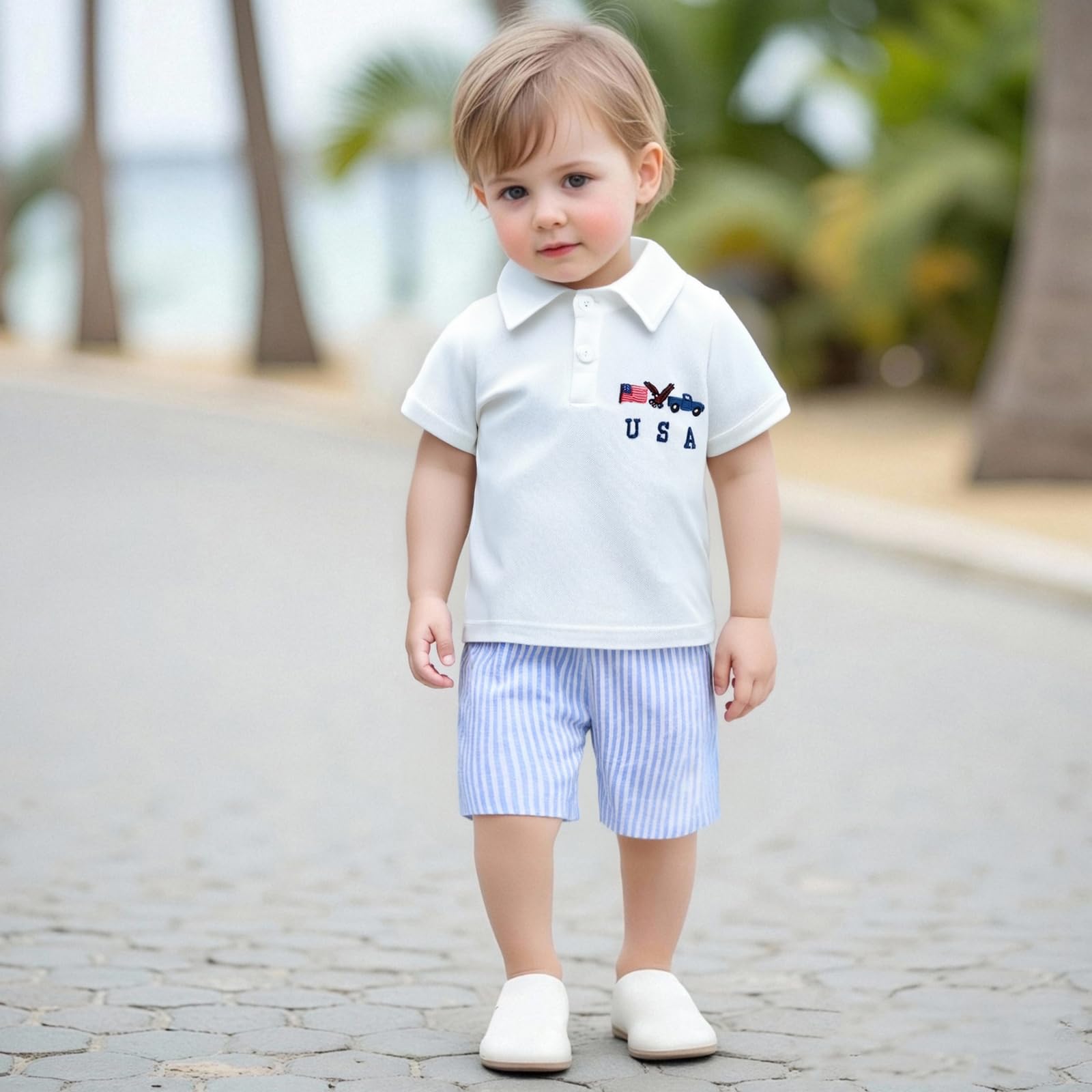 Gaono Baby Boy Summer Clothes Toddler 4th Of July Outfit Short Sleeve Button Up Polo Shirt Plaid Shorts Patriotic Set (F-Blue, 2-3T)