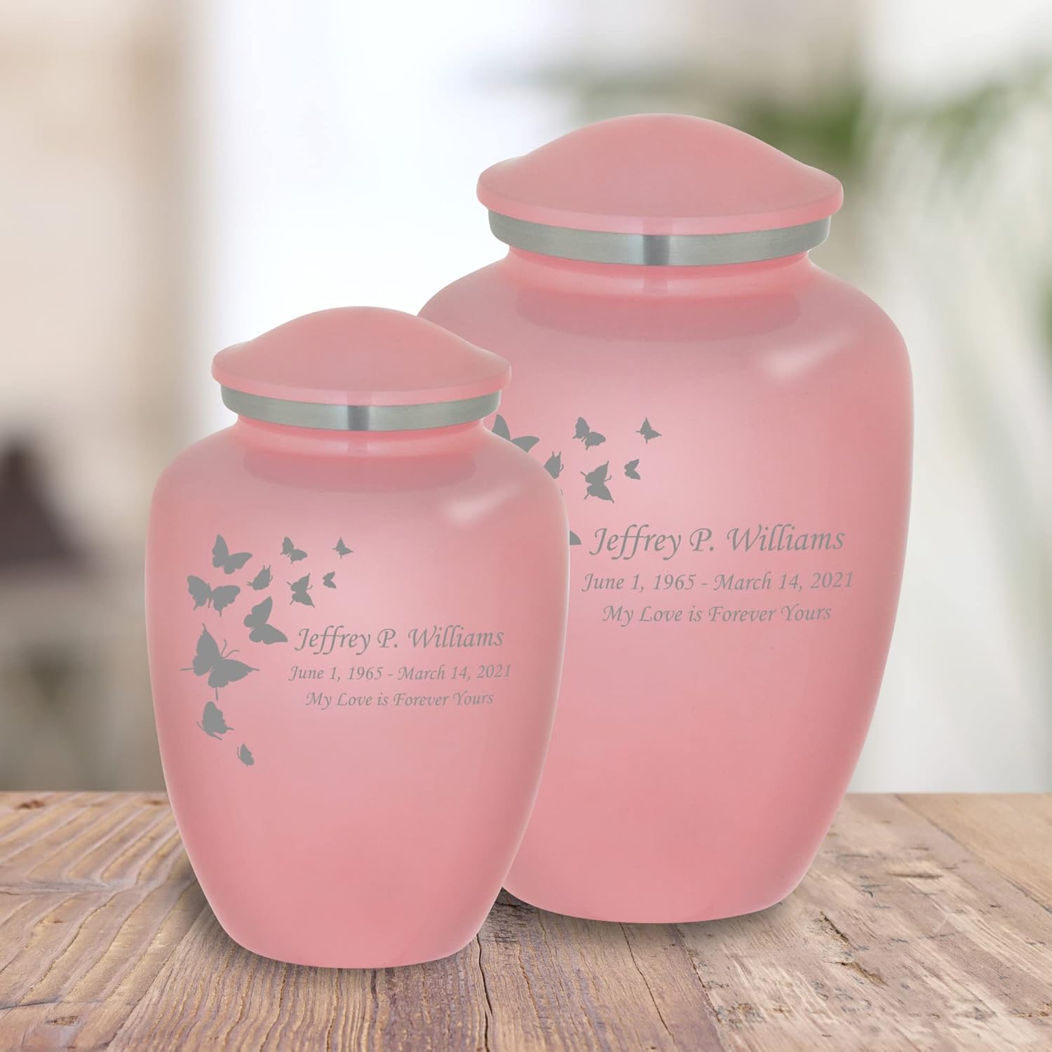 Homage Medium Custom Engraved Ascending Butterflies Themed Cremation Urn for Human Ashes - Vase Style Cremation Urns for Adult Ashes - 80 Cubic Inch Capacity - Personalization Included (Pink)