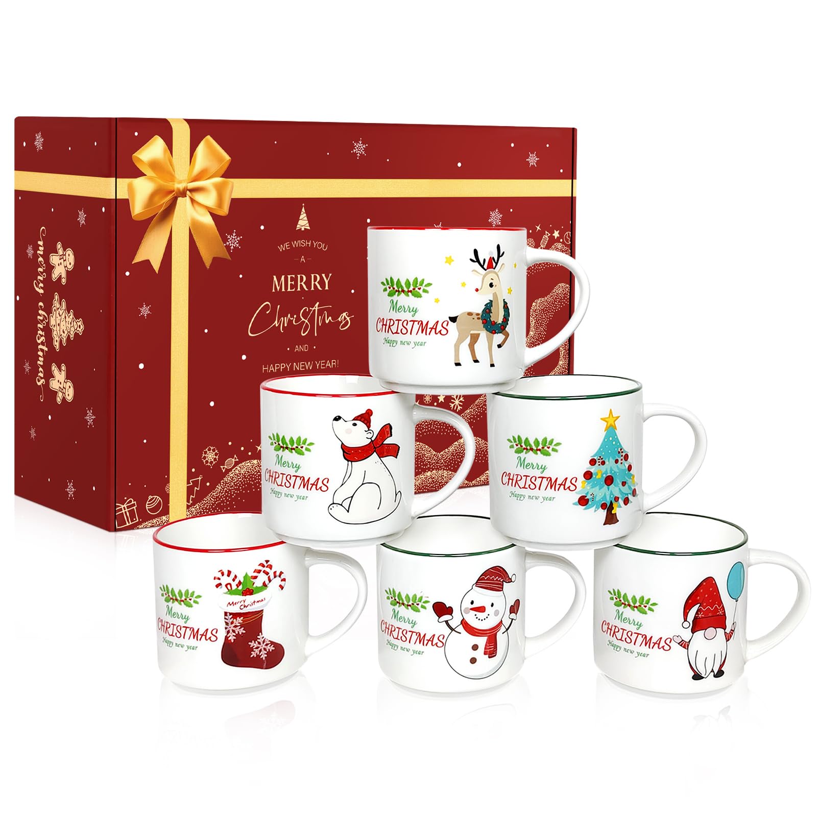 QIKSION Weihnachtstassen 6er Set, 400 ml, niedliche Keramik-Kaffeetassen, stapelbare Weihnachts-Kaffeetassen als Weihnachtsgeschenke für Familie, Freunde und Kollegen