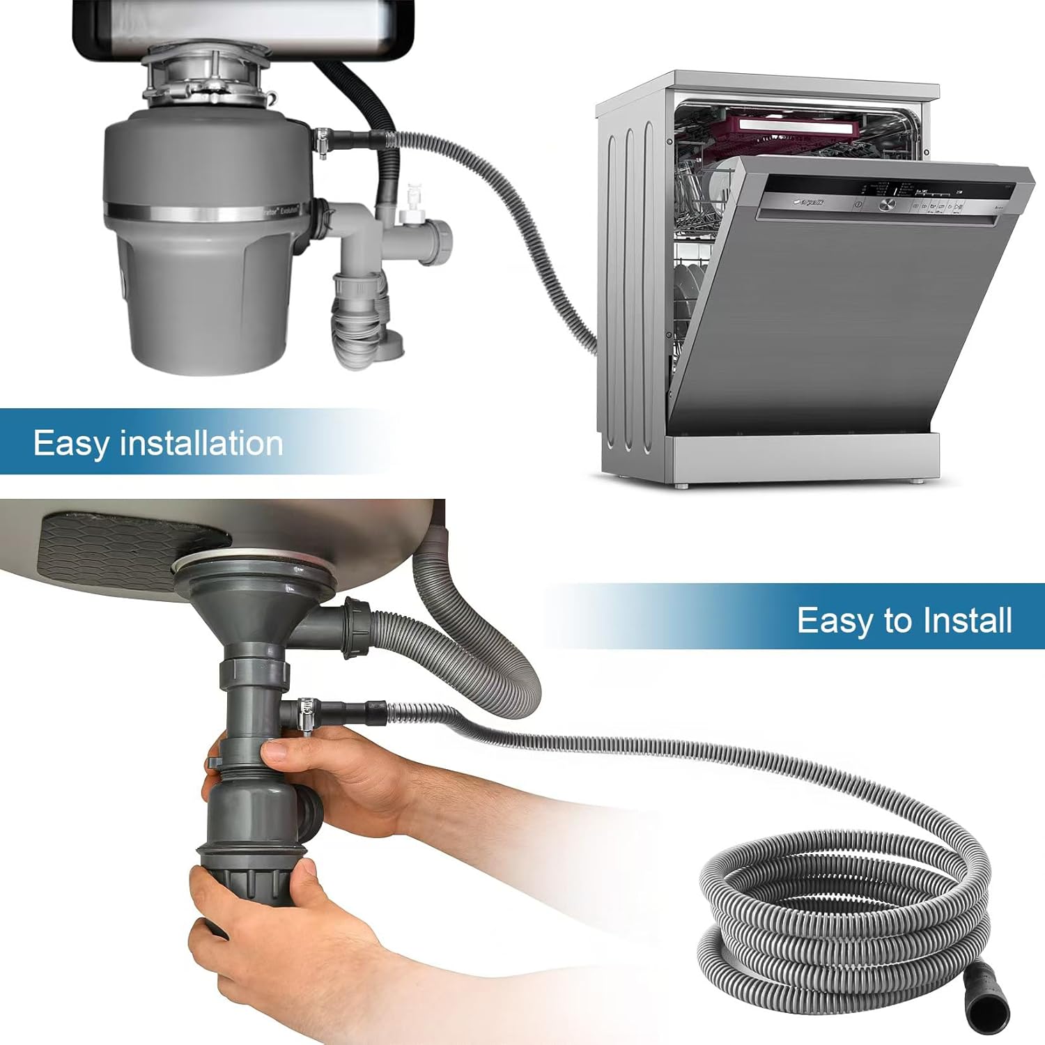 Dishwasher Drain Hose, 6 FT Corrugated & Flexible Dishwasher Hose Drain Replacement with Clamps, Discharge Hose Fits 5/8", 3/4", 1" Dishwasher End