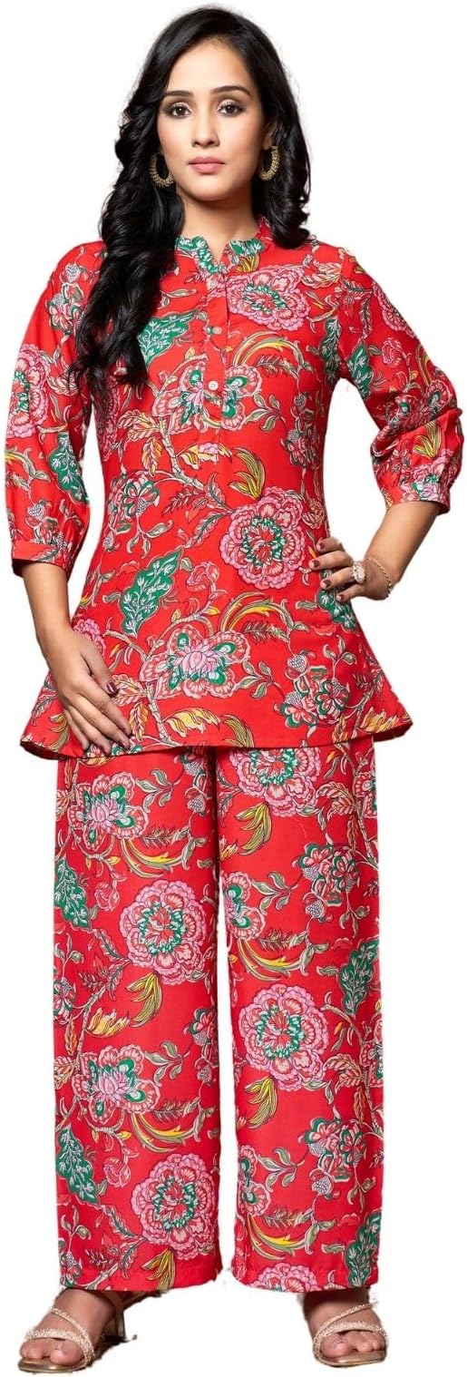Rayon Standard Length Floral Ethnic Co-ord Kurta Set for Women