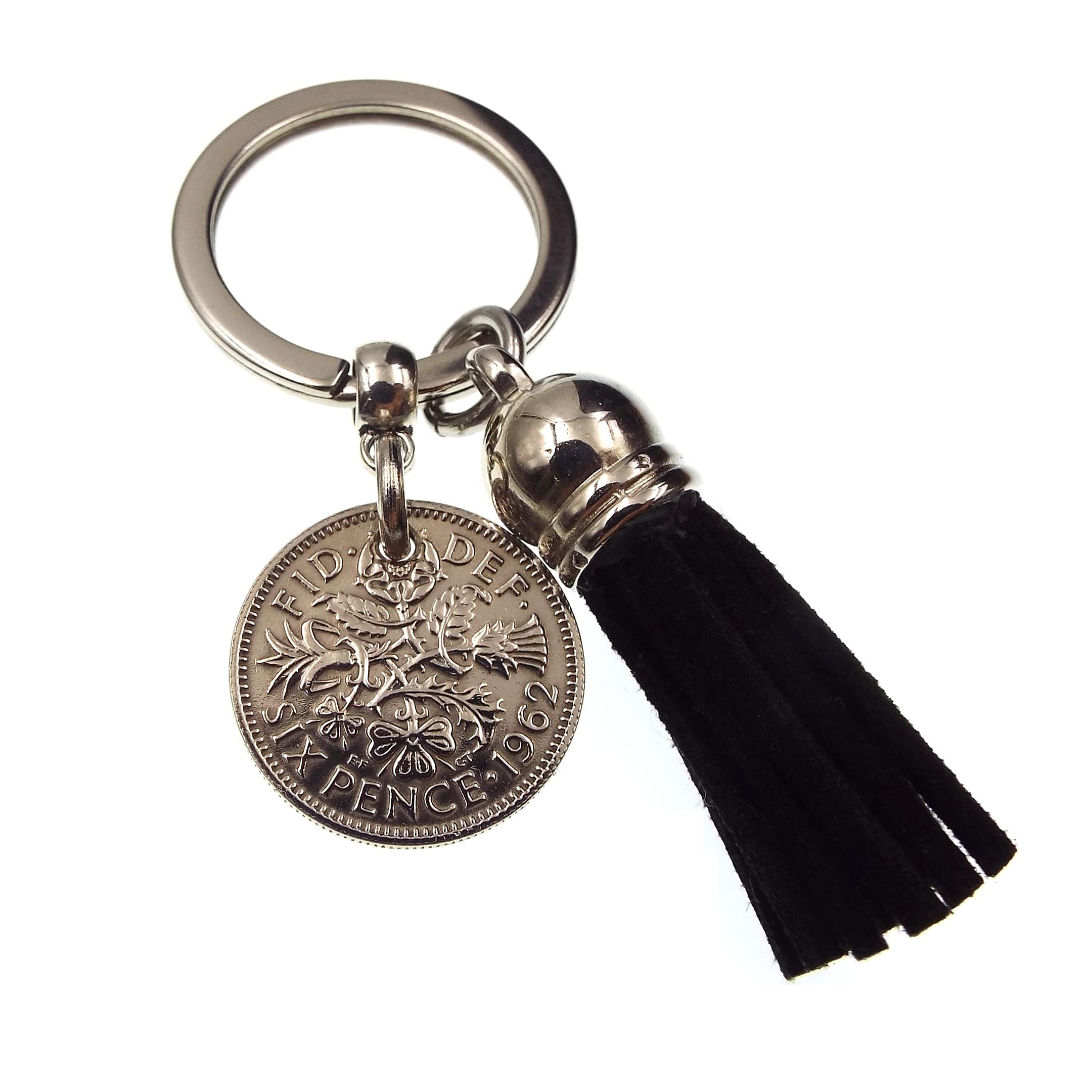 A Silver Dream 1962 Sixpence Black Tassel Coin Keyring