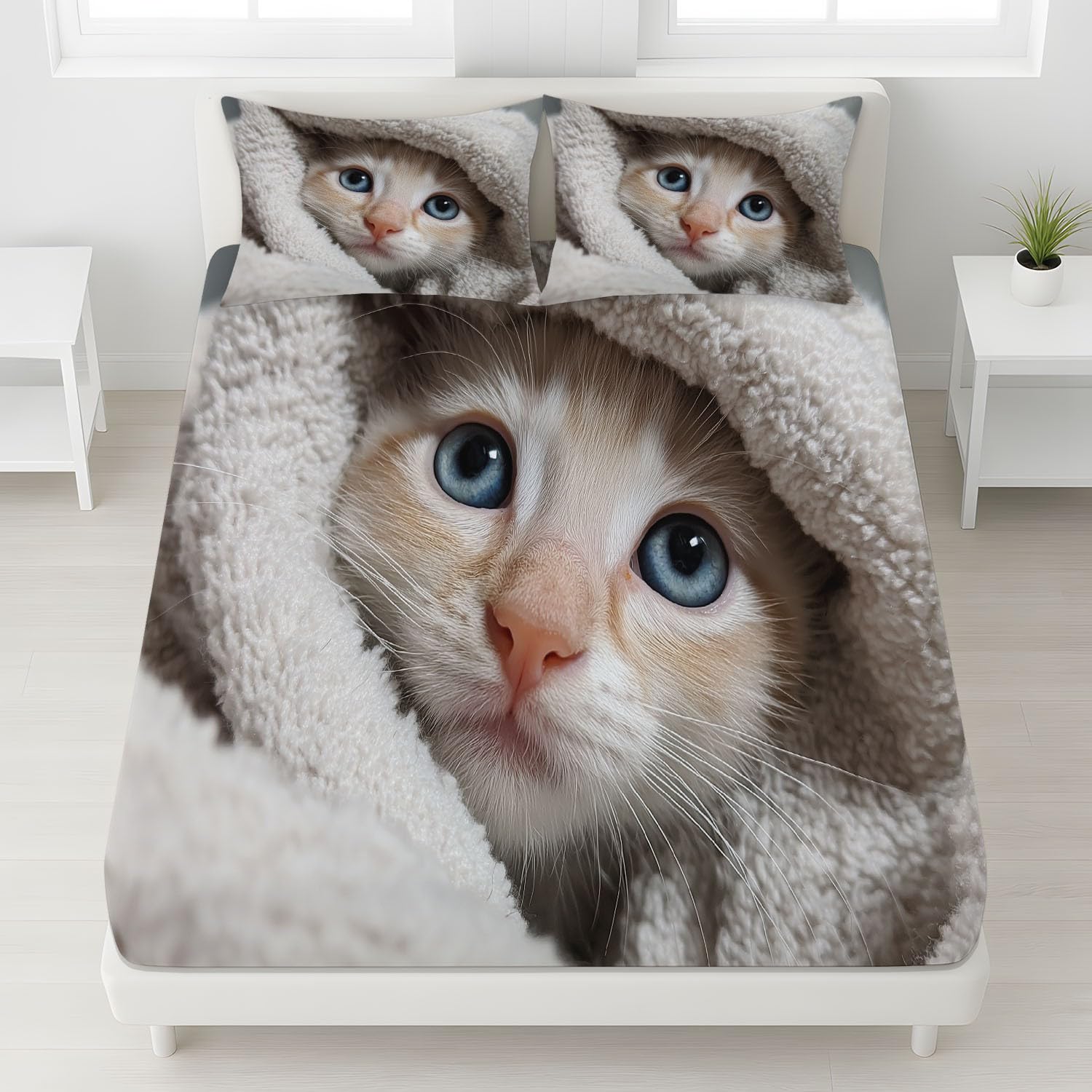 Sábana Ajustable Matrimoniale y Sábana con elástico luego de Sábana Ajustable para Cama Carino Animali Gatto Niñas Colchones de 30 CM de Alto con Fundas de Almohada Giallo