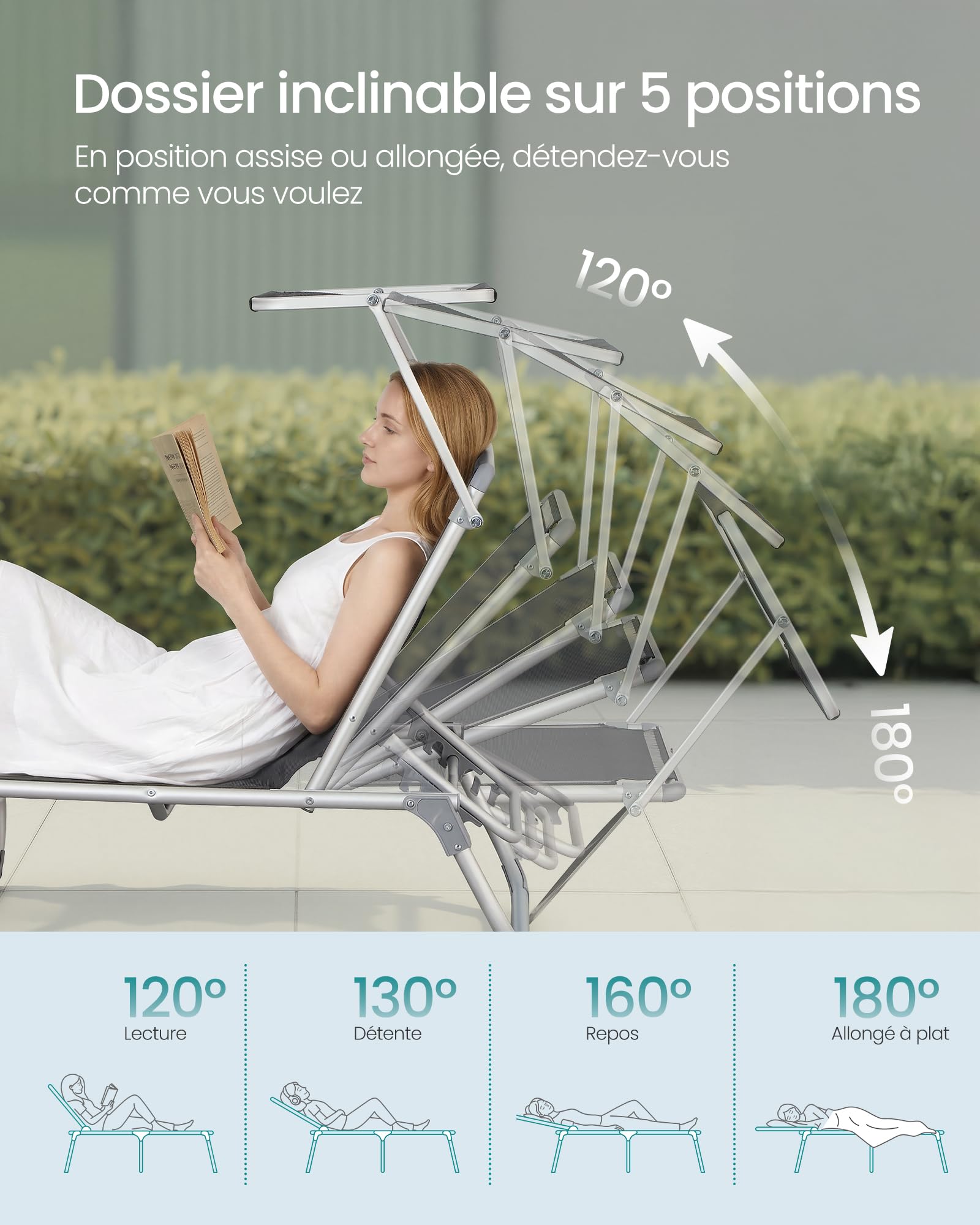 SONGMICS Bain de Soleil, Chaise Longue Pliable, Transat, 193 x 55 x 31 cm, Capacité de Charge 150 kg, avec Pare-soleil et Dossier Inclinable, pour Jardin, Piscine, Terrasse, Gris Foncé GCB19GYV1