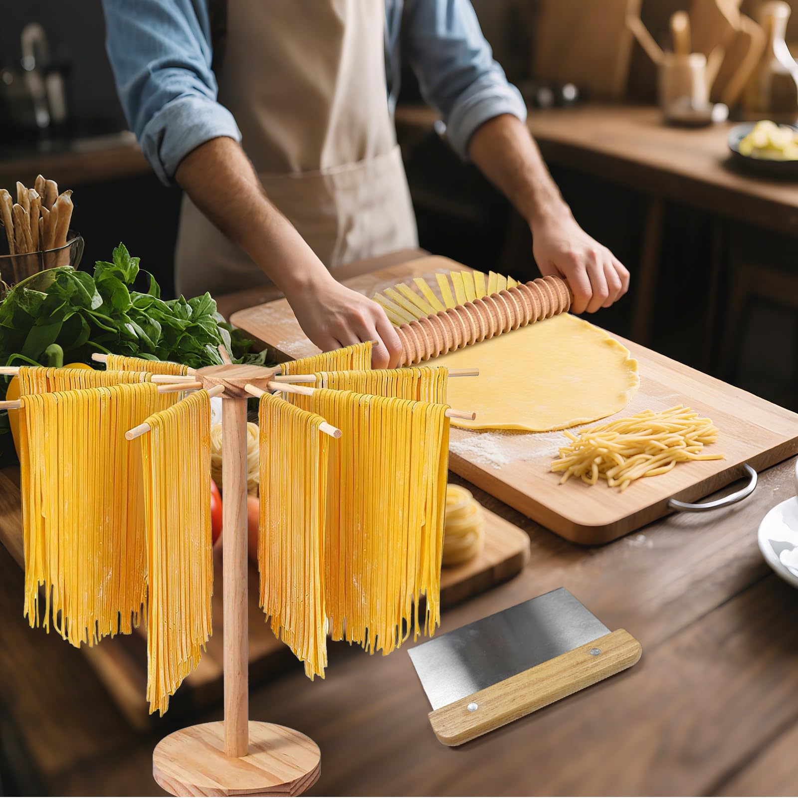 Kit de fabrication de pâtes 9 pièces, séchoir à pâtes, rouleau fileté, 2 rouleaux, planche à gnocchi, coupe-pâte, roue à découper, 2 tampons à ravioli pour pâtes maison