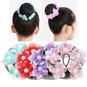 4PCS Girls Ballet Bun Covers Flower with Pearl Shaped Dance Snood Hair Net Accessories Mesh String Bobbles Elastic Band for Dancers Skating