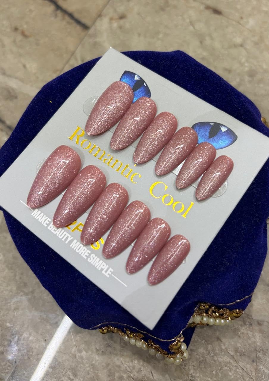 TheBlingNails | Premium Handmade Luxury Gel Nails, Almond Shaped Rose Gold Shimmer Cat Eye Glitter Nails Set, Glossy Shimmer finish | Elegant Stick -On Nail Kit for Women & Girls| Reusable Nails| Lightweight & Long Lasting| High Glossy Finish| Salon-Style Nails at Home| Crafted in our BlingNails Studio for salon quality results.-image-17
