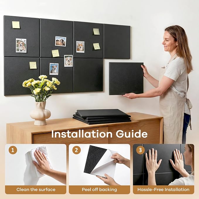 Paneles acústicos cuadrados para pared, 12" x 12" x 0.4" paneles absorbentes de sonido de poliéster de alta densidad con adhesivo, 18 unidades, negro miniatura 5