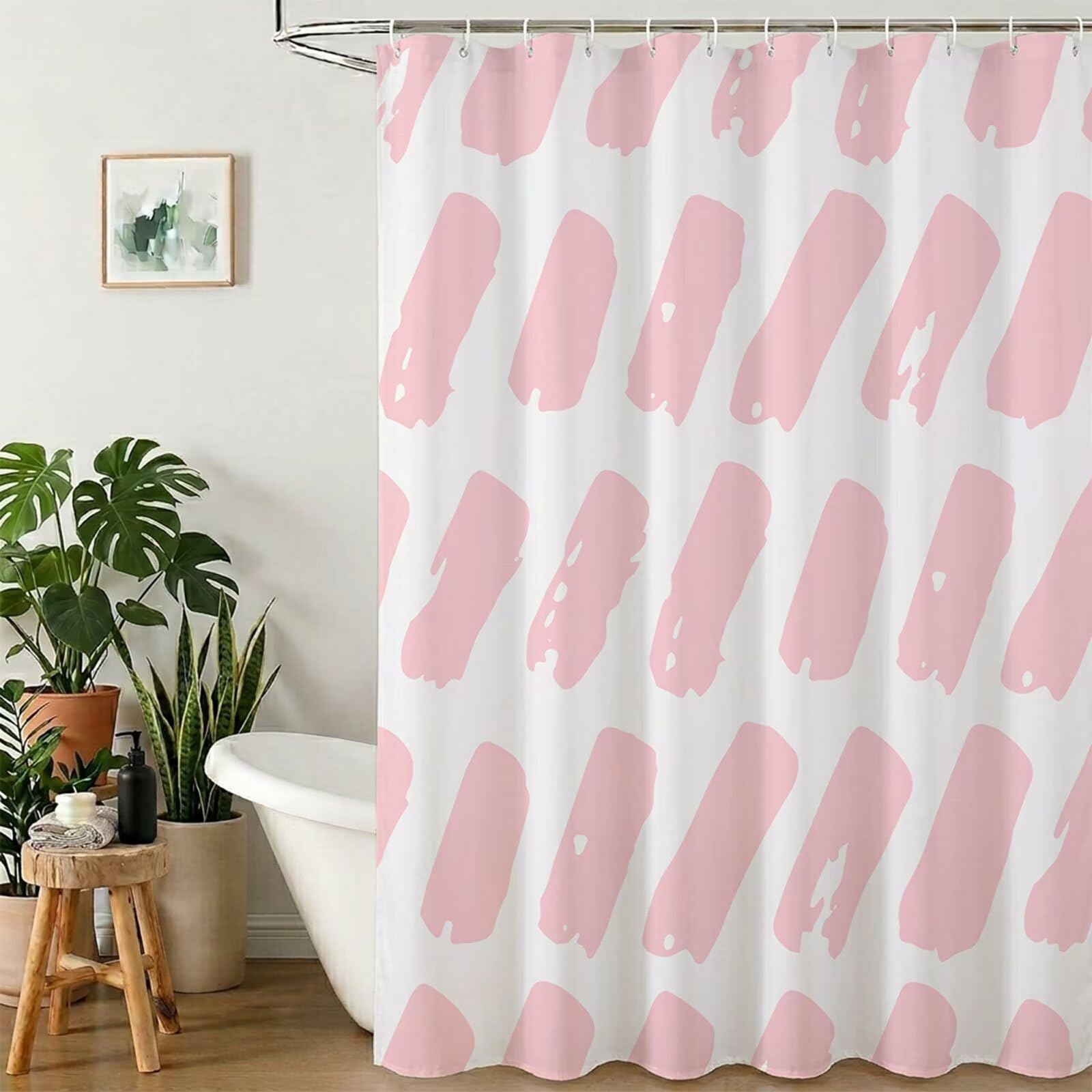 Rideau de Douche 180x240 cm - Tissu Polyester Imperméable Anti-Moisissure - 12 Anneaux Inclus - Ourlet Lesté pour Stabilité - Lavable en Machine - Idéal de Baignoire et Douche - Rose & Blanc Y1#535