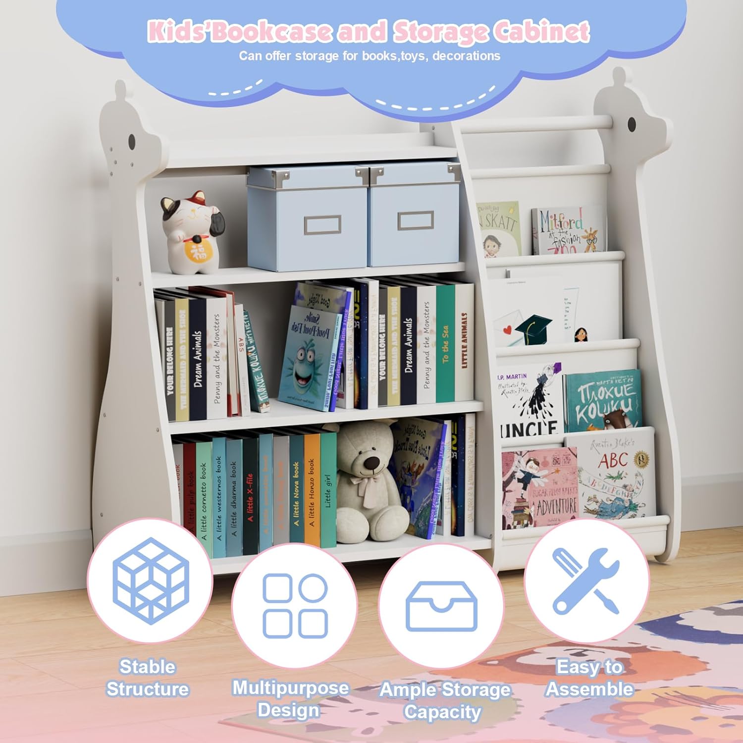 NACHES 4-Tier Kids Bookshelf 4 Layer Sling Bookcase Toddler Book Display Shelves Baby White Deer Book Rack for Kids Room, Playroom, Nursery and Kindergarten