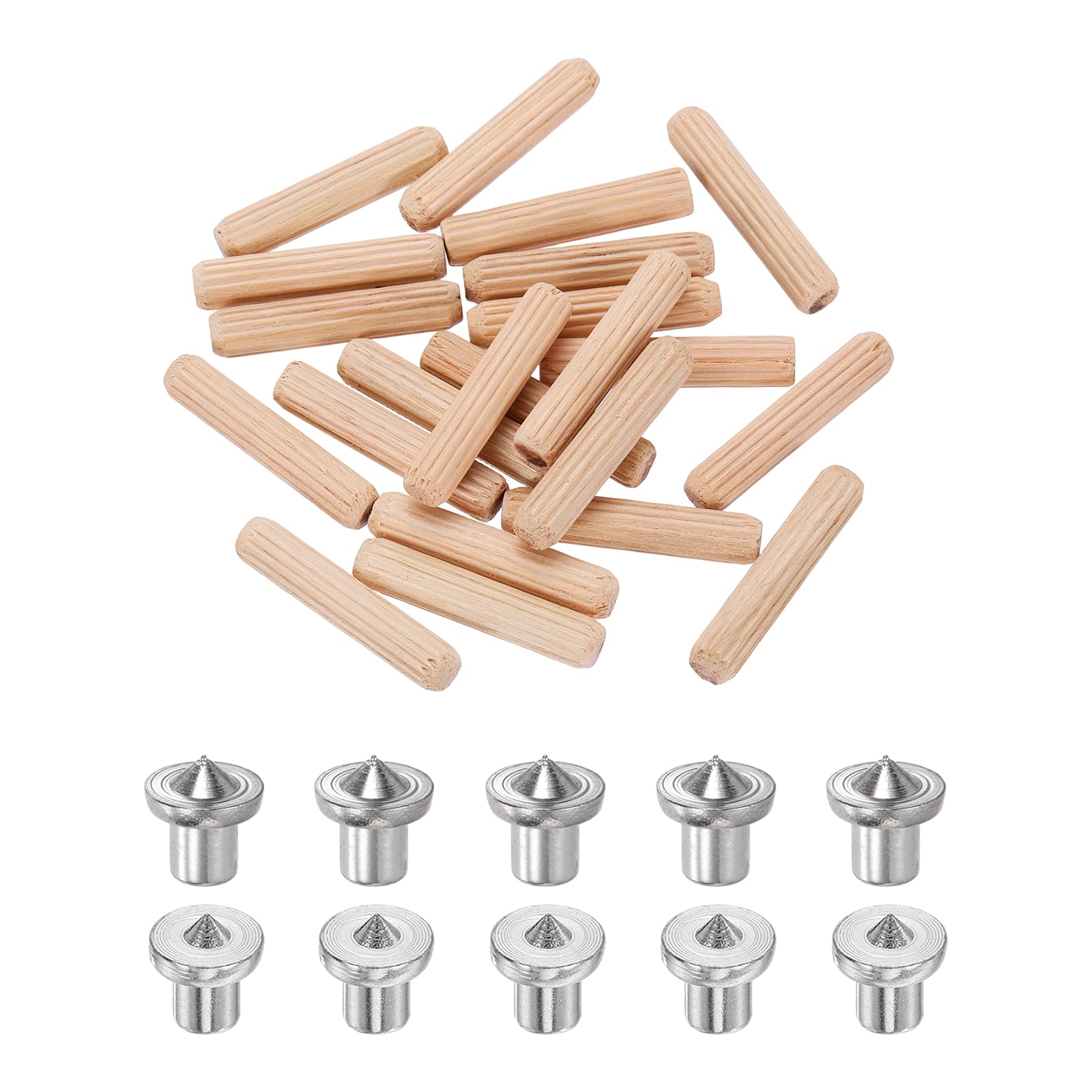 sourcing map 250Pcs Wood Dowel Pins, 6 x 30 mm Wooden Dowel Rods Straight Grooved Pins with 10Pcs Solid Hollow Dowels Tenon Center Transfer Plugs for Furniture Woodworking DIY Project