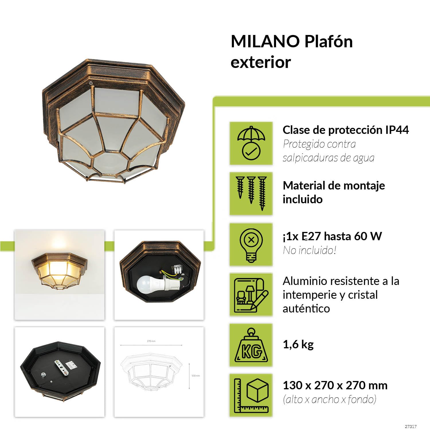 Easylight Lámpara de techo estilo rústico MILANO de aluminio cristal cobre antiguo forma angular A:35,5 cm E27 IP44 Plafón de exterior para terraza jardín