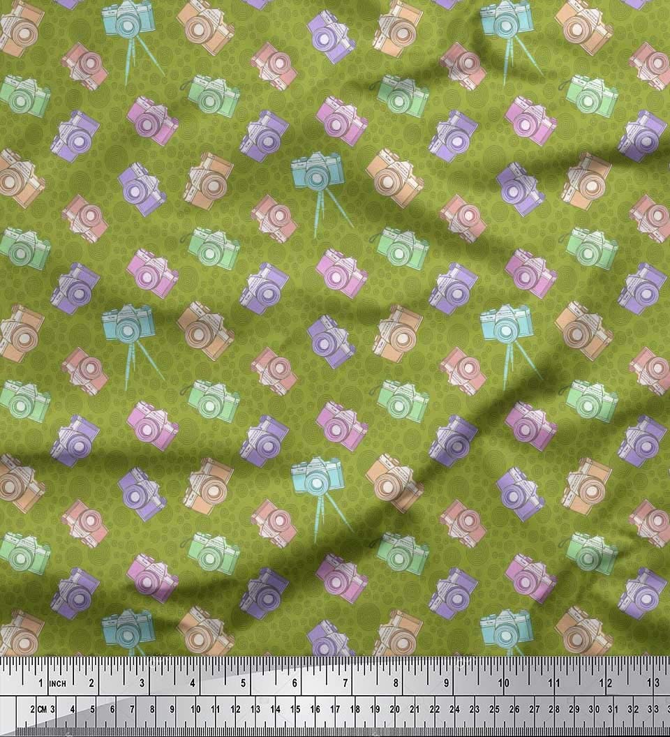 Soimoi Green Rayon Crepe Fabric Circle & Camera Holiday Printed Craft Fabric by the Yard 46 Inch Wide