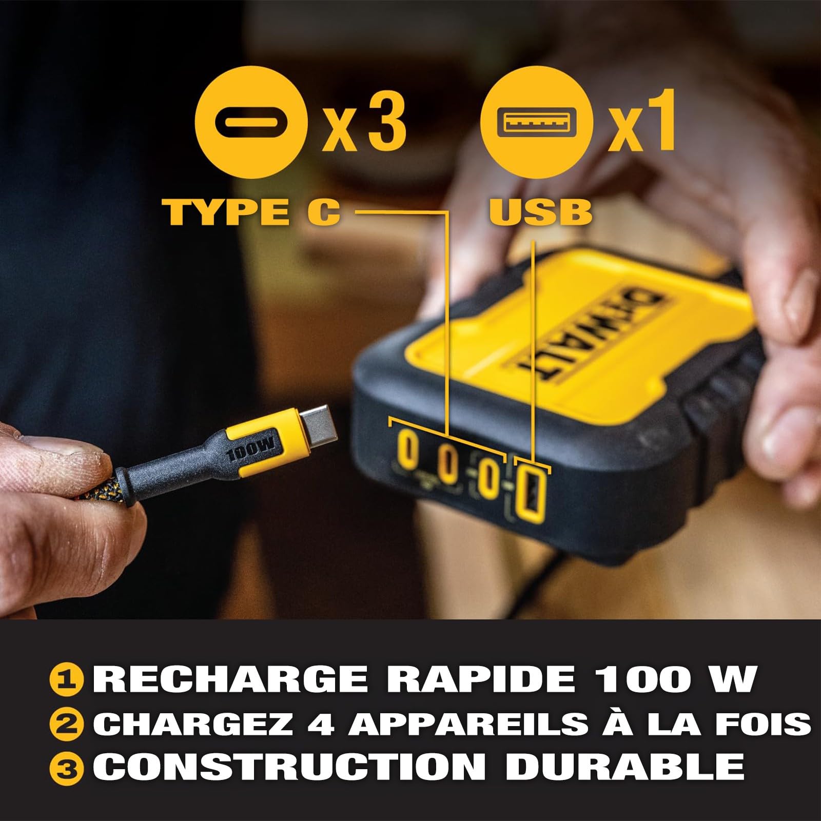 DEWALT Chargeur USB C 4 Ports 100W Haute Puissance, Station de Charge Multiport avec Répartition Intelligente, Câble EU 1,8 m, Compatible Batteries DEWALT 20V Max & FLEXVOLT, Idéal Atelier & Chantier