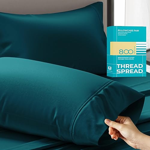 Juego de 2 fundas de almohada de 800 hilos 100 % algodón egipcio, color verde azulado, tamaño King, 100 % algodón peinado de fibras largas para