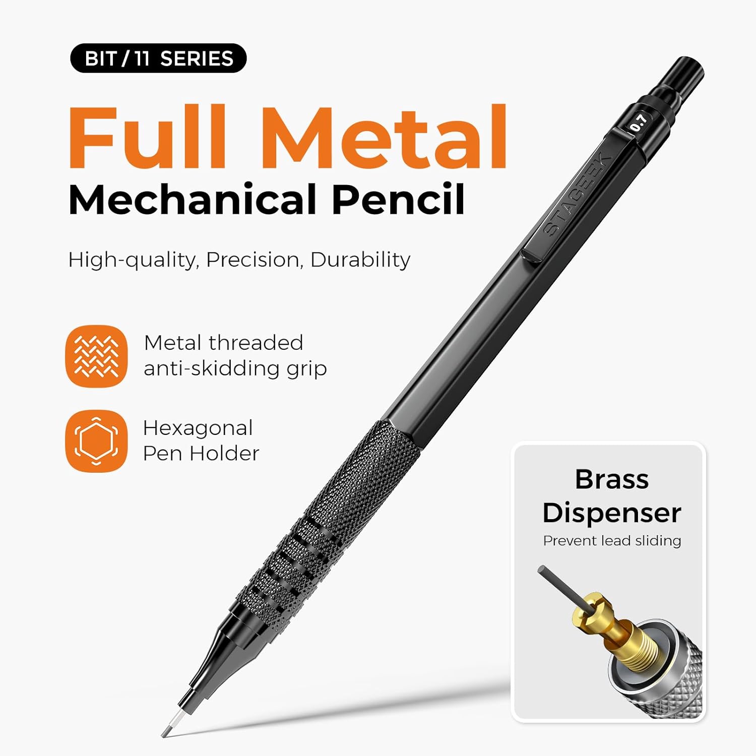詳細 view of a STAGEEK full metal mechanical pencil highlighting its anti-skidding grip, hexagonal body, and brass dispenser