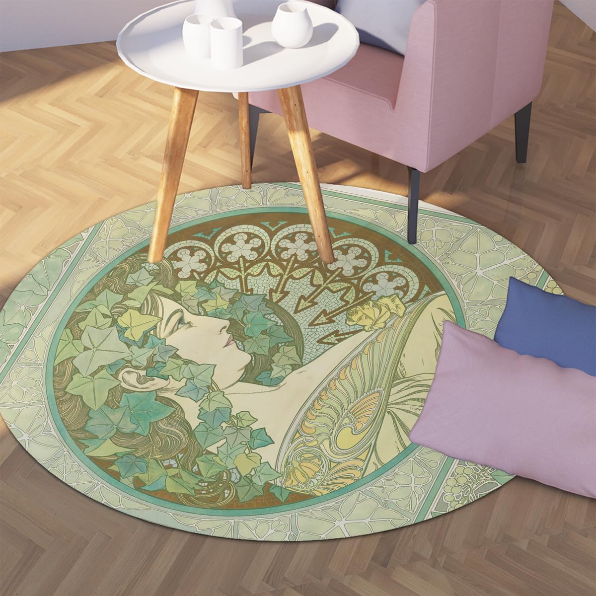Runder waschbarer Teppich grüne Kreisteppiche Wohnzimmer 90cm | Rutschfester fleckenbeständiger dünner Vintage-Blumenteppich für Schlafzimmer, Esszimmer, Büro, Kinderzimmer, Eingangsbereich