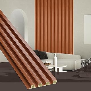 OUZUGIE WPC Acoustic Slat Wall Paneling, 8-Pack 114 x 6 Inches 3D Wall Panels for Interior Wall Decor,Living Room,TV Background,Study Room,Office Spaces,Bedroom,High Grille (Teak)