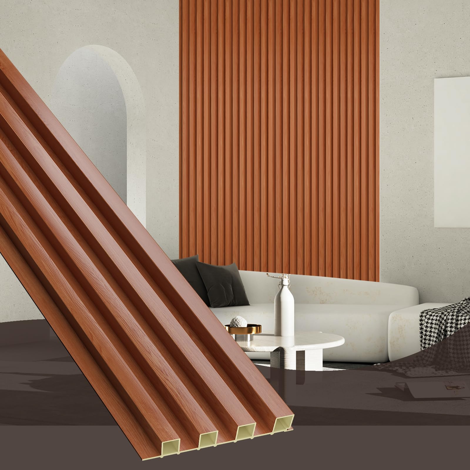 OUZUGIE WPC Acoustic Slat Wall Paneling, 8-Pack 114 x 6 Inches 3D Wall Panels for Interior Wall Decor,Living Room,TV Background,Study Room,Office Spaces,Bedroom,High Grille (Teak)