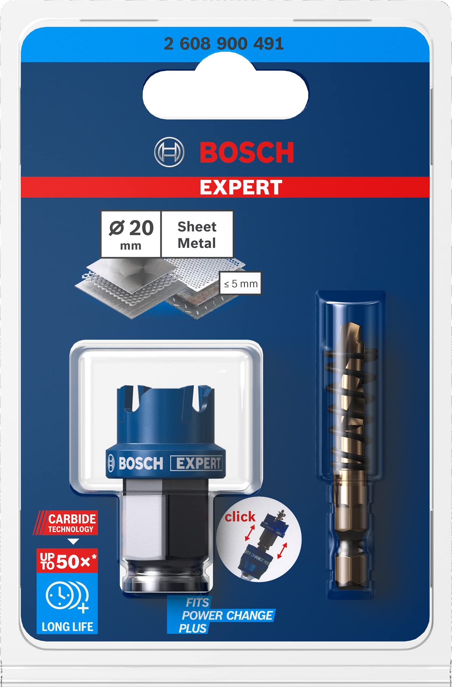 Bosch 1x Expert Sheet Metal Hole Saw, 20mm, Blue, Professional Accessory for Stainless Steel & Steel Sheets, Compatible with Power Change Plus Systems