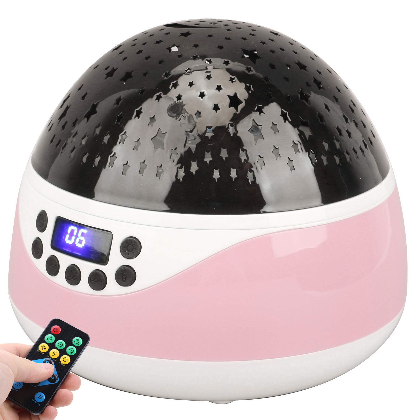 Projecteur de Veilleuse télécommandé, Veilleuses pour bébé avec Minuterie et Rotation à 360 Degrés, 9 Options de Couleurs et 12 Musiques, alimenté par USB ou par Batterie,