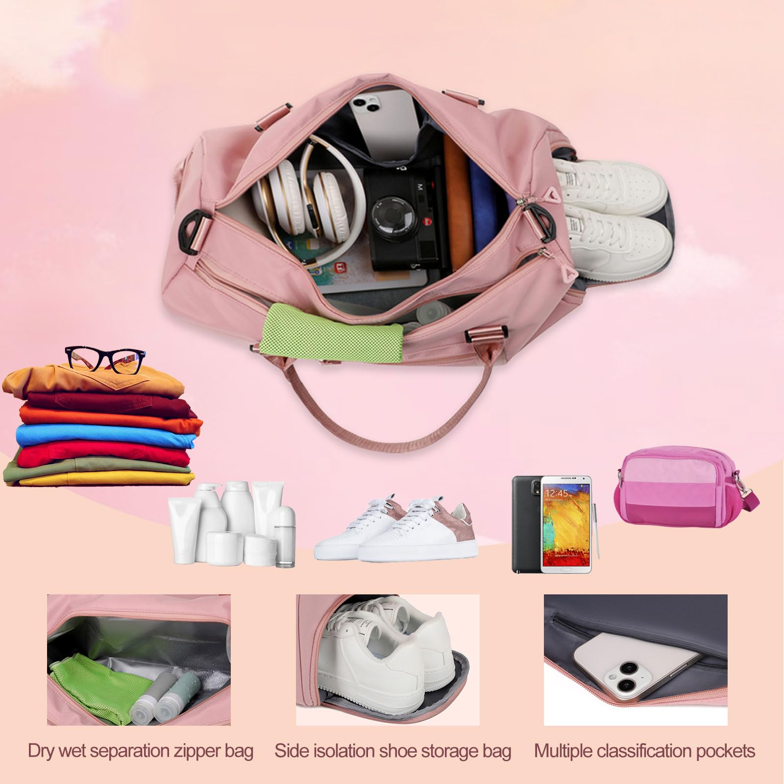 Sac de Sport Brodé Personnalisé avec Bretelles, Poches Humides et Sèches et Compartiment à Chaussures - Rose