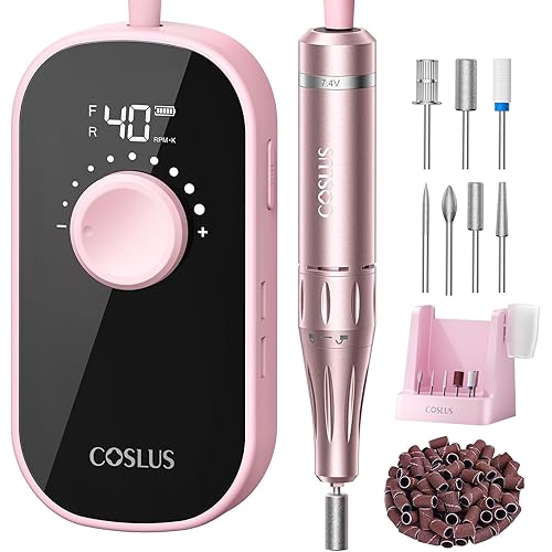 COSLUS E51 Electric Nail Drill Professional: 40000 RPM Rechargeable Nail File with Stand for Acrylic Nails, Stable & Smooth Grinding, Easy to Use, Ideal for Women Beginners, Home DIY and Salon Pink