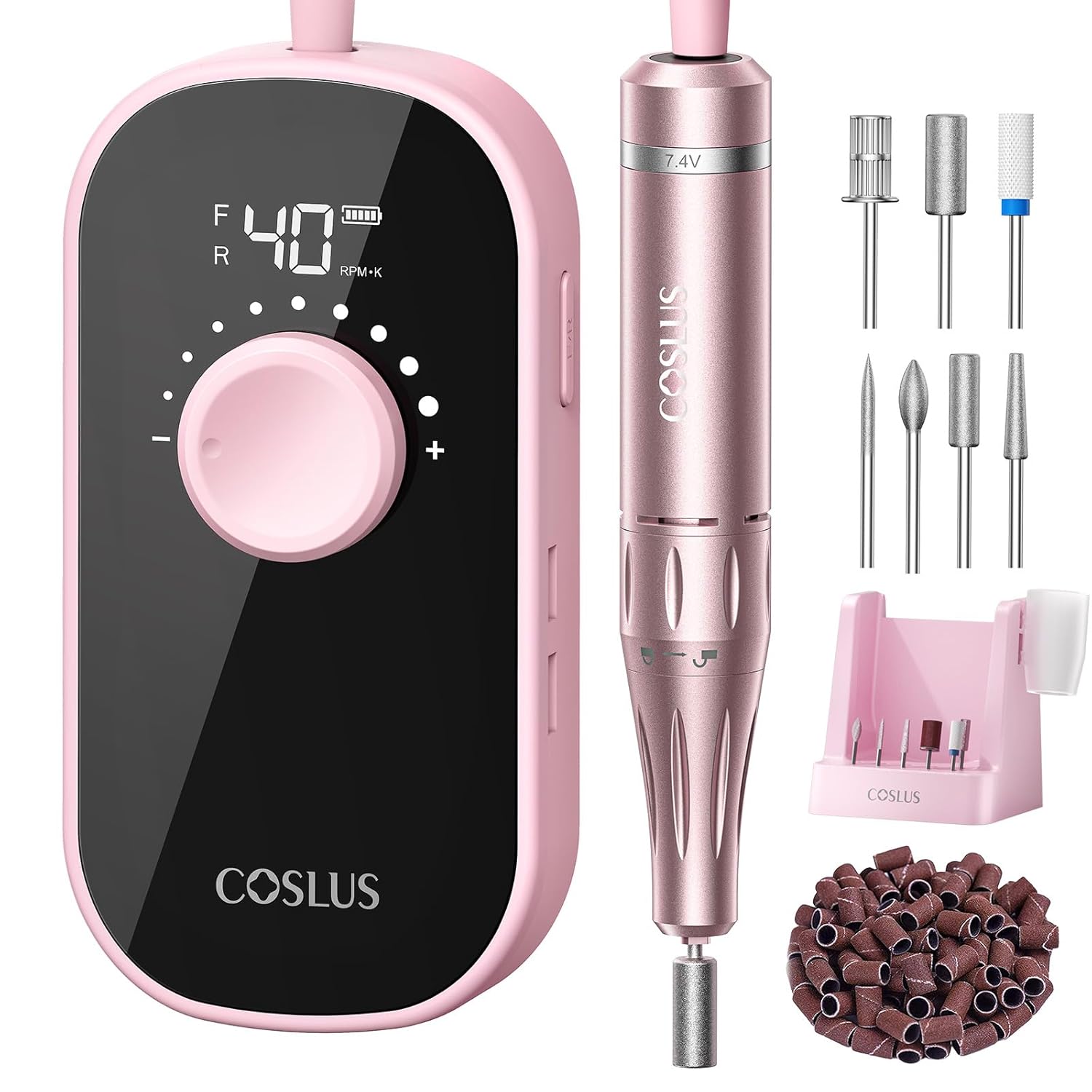 COSLUS E51 Electric Nail Drill Professional: 40000 RPM Rechargeable Nail File with Stand for Acrylic Nails, Stable & Smooth Grinding, Easy to Use, Ideal for Women Beginners, Home DIY and Salon Pink